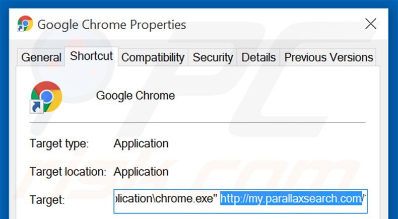 Removendo my.parallaxsearch.com do atalho do Google Chrome passo 2