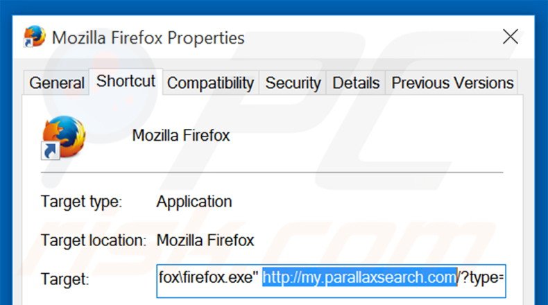 Removendo my.parallaxsearch.com do atalho do Mozilla Firefox passo 2