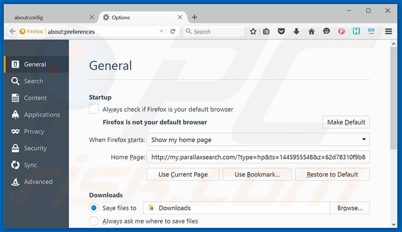 Removendo a página inicial my.parallaxsearch.com do Mozilla Firefox
