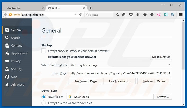 Removendo a página inicial my.parallaxsearch.com do Mozilla Firefox