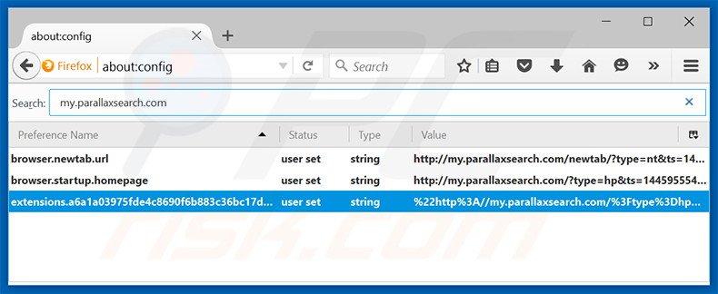 Removendo my.parallaxsearch.com da página inicial e do motor de busca padrão do Mozilla Firefox