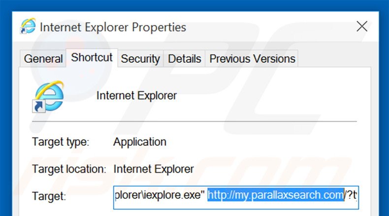 Removendo my.parallaxsearch.com do atalho do Internet Explorer passo 2