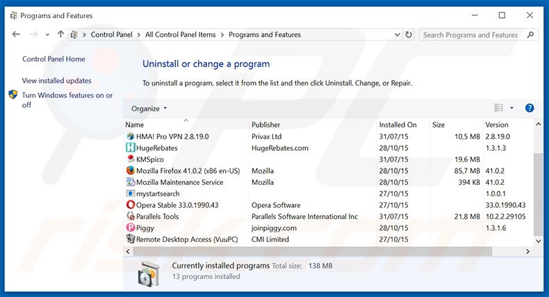 desinstalar o sequestrador de navegador my.parallaxsearch.com via Painel de Controlo