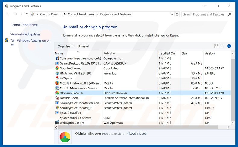 desinstalar o adware Olcinium Browser através do Painel de Controlo