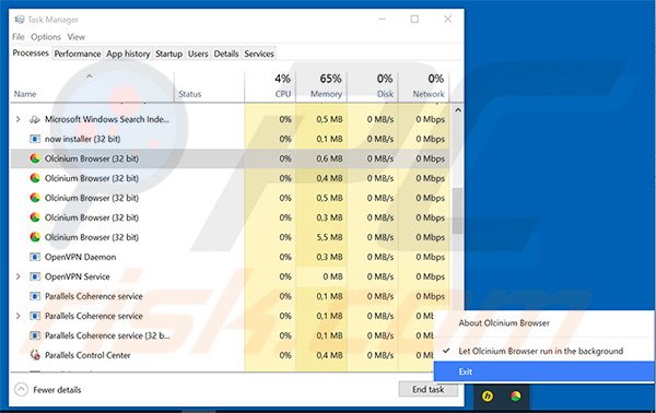 A terminar a tarefa de Olcinium Browser no gestor de tarefas