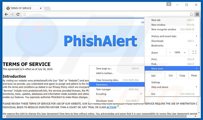 Removendo os anúncios Phishalert do Google Chrome passo 1