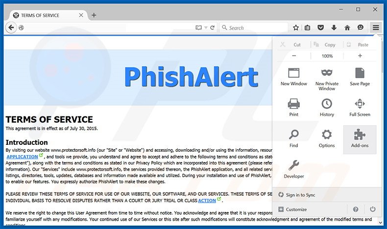 Removendo os anúncios Phishalert do Mozilla Firefox passo 1