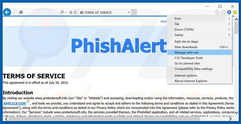 Removendo os anúncios Phishalert do Internet Explorer passo 1