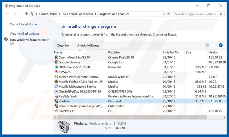 desinstalar o adware Phishalert via Painel de Controlo