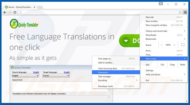 Removendo os anúncios QuickyTranslator do Google Chrome passo 1