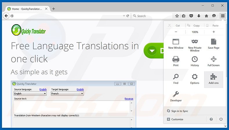 Removendo os anúncios QuickyTranslator do Mozilla Firefox passo 1