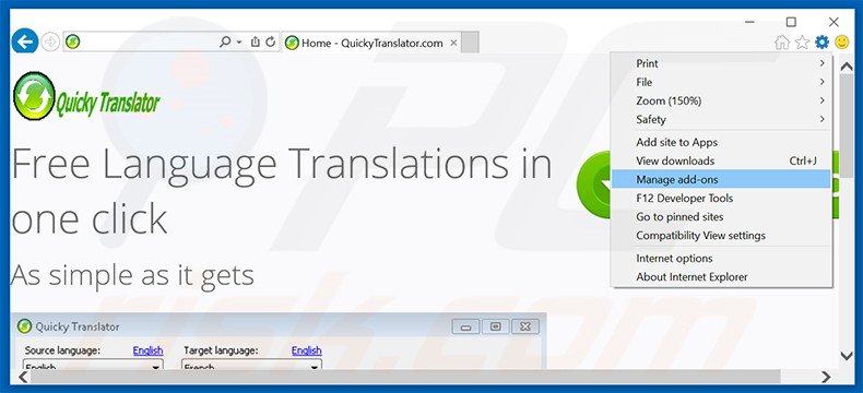 Removendo os anúncios QuickyTranslator do Internet Explorer passo 1