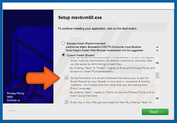 Instalador de software gratuito fraudulento usado na distribuição do adware QuickyTranslator