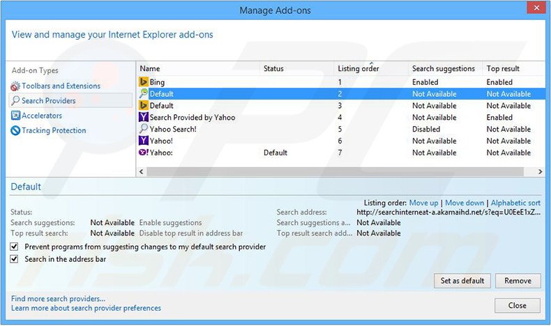 Removendo searchinterneat-a.akamaihd.net do motor de busca inicial do Internet Explorer