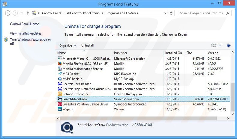 desinstalar o sequestrador de navegador Search Know via Painel de Controlo