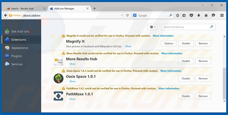 Removendo as extensões relacionadas a search.results-hub.com do Mozilla Firefox