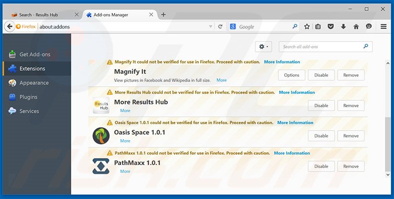 Removendo as extensões relacionadas a search.results-hub.com do Mozilla Firefox