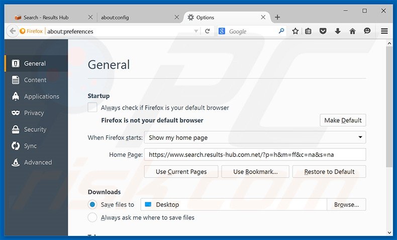 Remover a página inicial search.results-hub.com do Mozilla Firefox