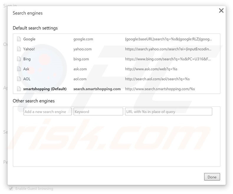Removendo search.smartshopping.com do motor de busca padrão do Google Chrome