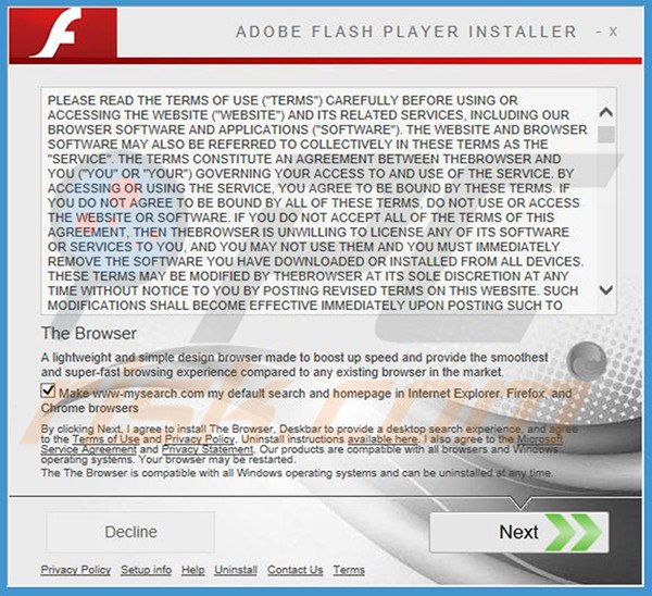 Configuração da instalação do adware oficial de TheBrowser