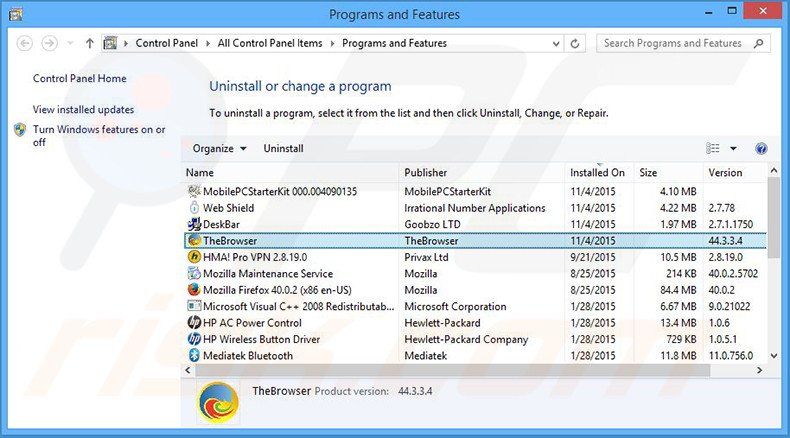 desinstalar o adware TheBrowser via Painel de Controlo