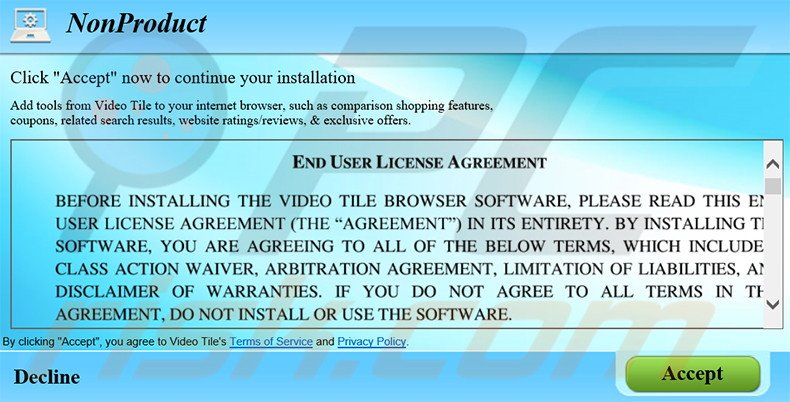 Instalador fraudulento usado para distribuir o adware Video Tile