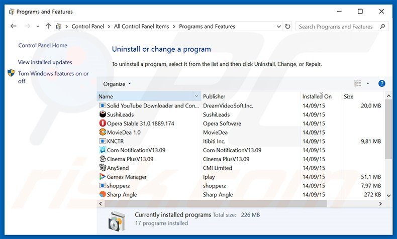 Desinstale o adware Win Security através do Painel de Controlo