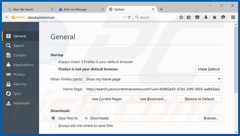 Remover a página inicial search.yourcurrentnewsnow.com do Mozilla Firefox
