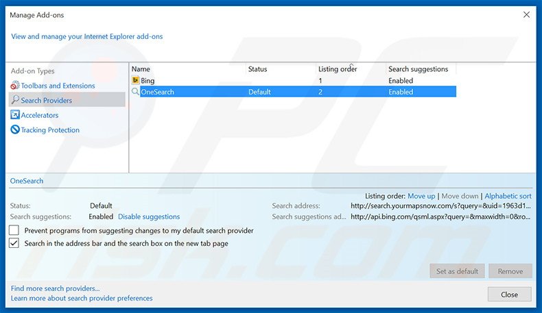 Removendo search.yourmapsnow.com do mecanismo de pesquisa padrão do Internet Explorer