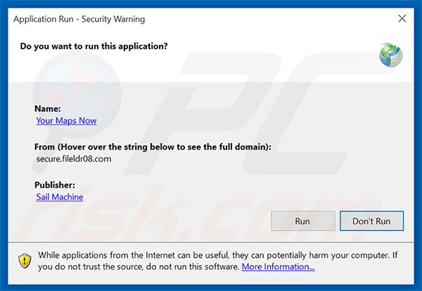 Aviso de segurança exibido ao executar o sequestrador de navegador do Your Maps Now