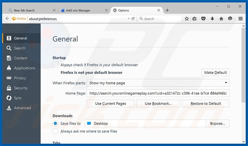 Remover a página inicial search.youronlinegameplay.com do Mozilla Firefox