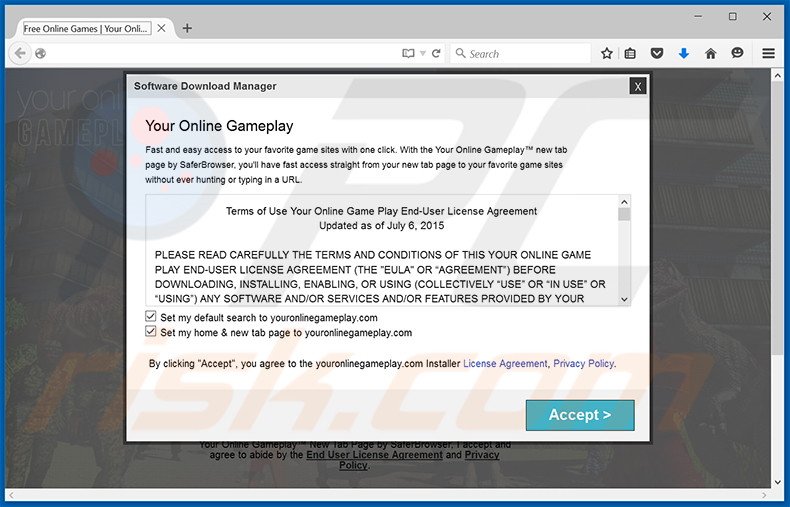 Website usado para promover o sequestrador de navegador search.youronlinegameplay.com