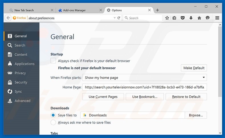 Removendo a página inicial search.yourtelevisionnow.com do Mozilla Firefox