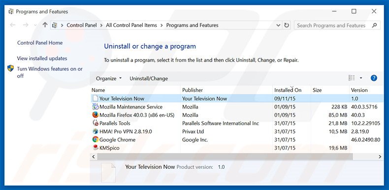 desinstalar o sequestrador de navegador search.yourtelevisionnow.com via Painel de Controlo