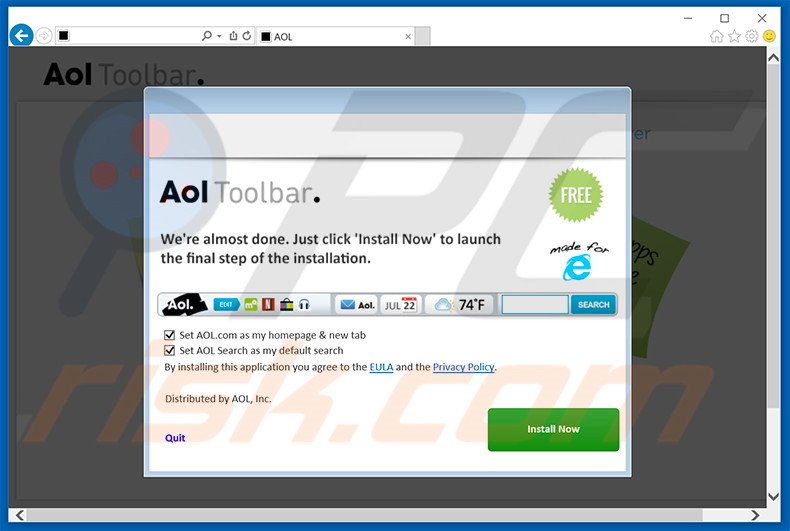 Website usado para promover o sequestrador de navegador AOL Toolbar 