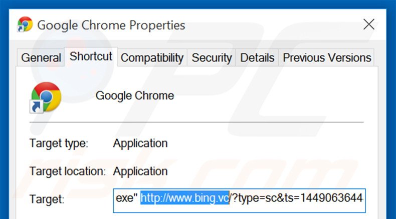 Remover a página inicial bing.vc do Google Chrome