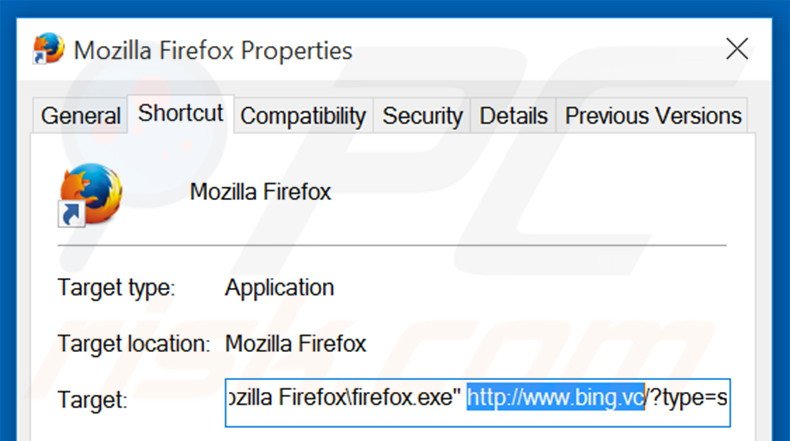 Remover o bing.vc do atalho do Mozilla Firefox passo 2