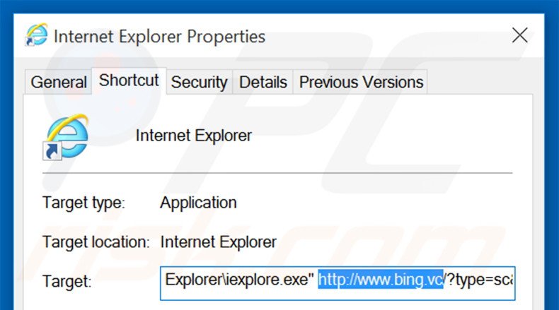 Remover o bing.vc do atalho do Internet Explorer passo 2