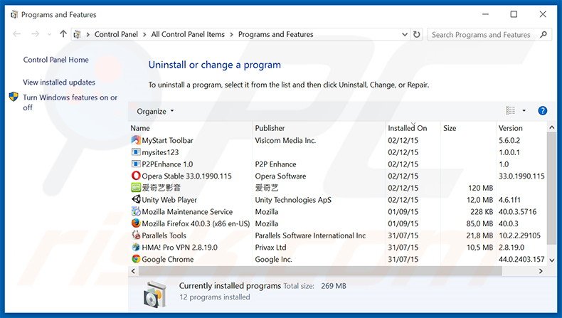 desinstalar o sequestrador de navegador bing.vc via Painel de Controlo