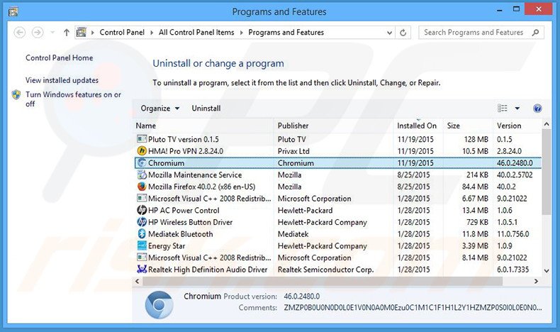 desinstalar o adware Chromium via Painel de Controlo