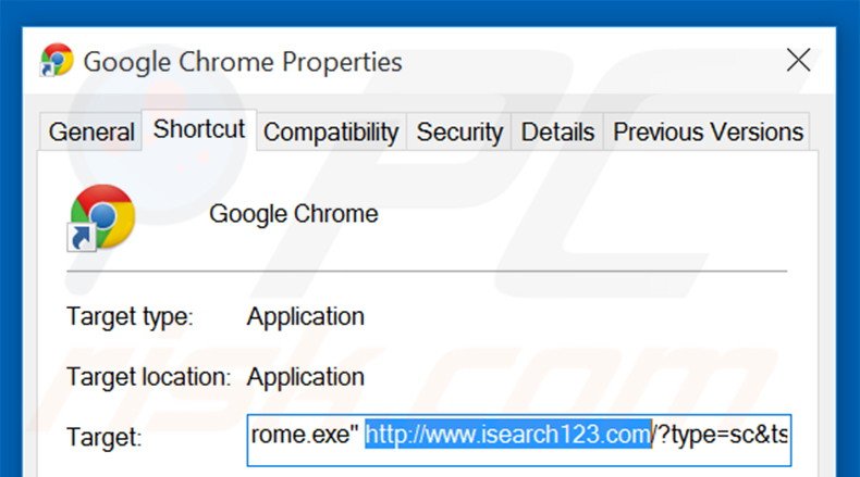 Removendo isearch123.com do atalho do Google Chrome passo 2