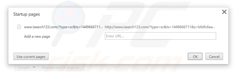 Remova a página inicial isearch123.com do Google Chrome