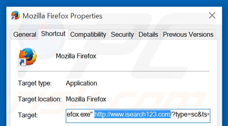 Removendo isearch123.com do atalho do Mozilla Firefox passo 2