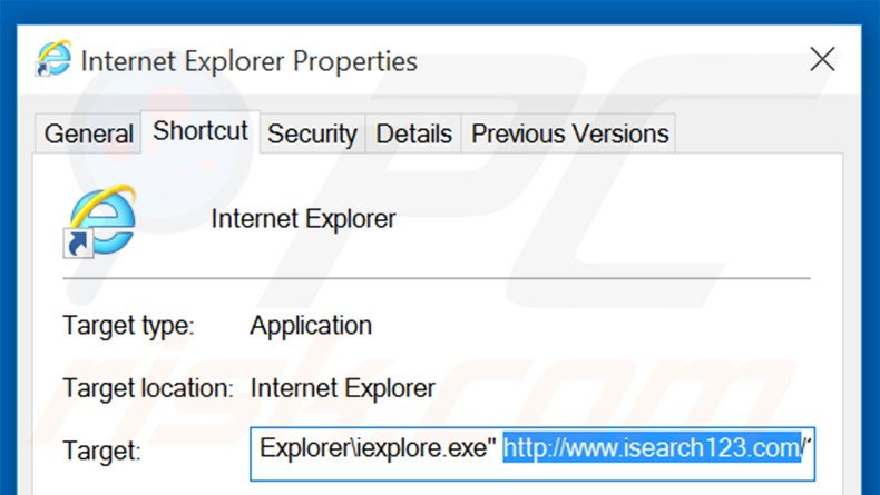 Removendo isearch123.com do atalho do Internet Explorer passo 2