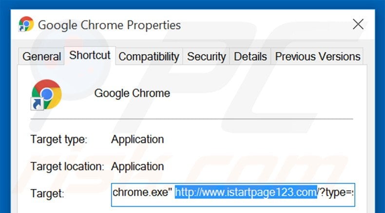 Removendo istartpage123.com do atalho do Google Chrome passo 2