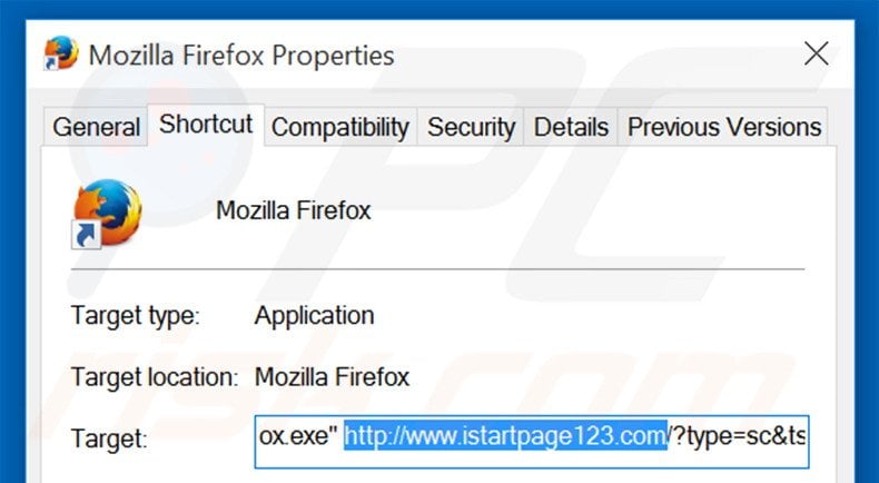 Removendo istartpage123.com do atalho do Mozilla Firefox passo 2
