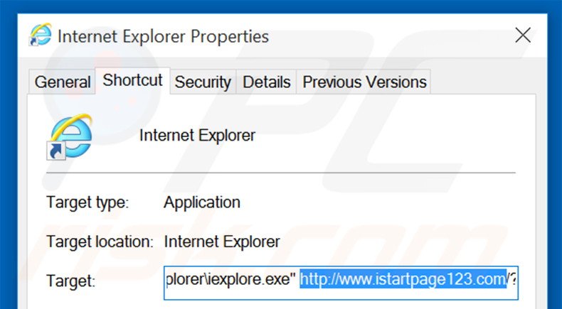 Removendo istartpage123.com do atalho do Internet Explorer passo 2