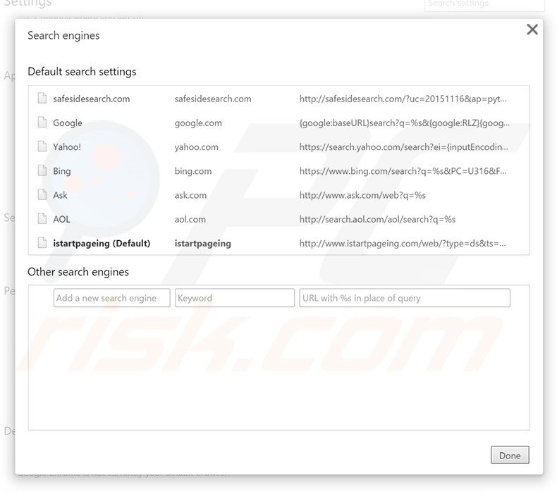 Removendo istartpageing.com do motor de busca padrão do Google Chrome