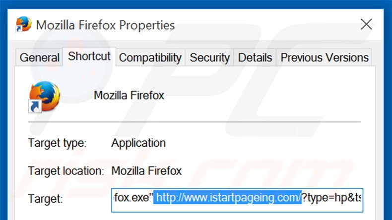 Removendo istartpageing.com do atalho do Mozilla Firefox passo 2