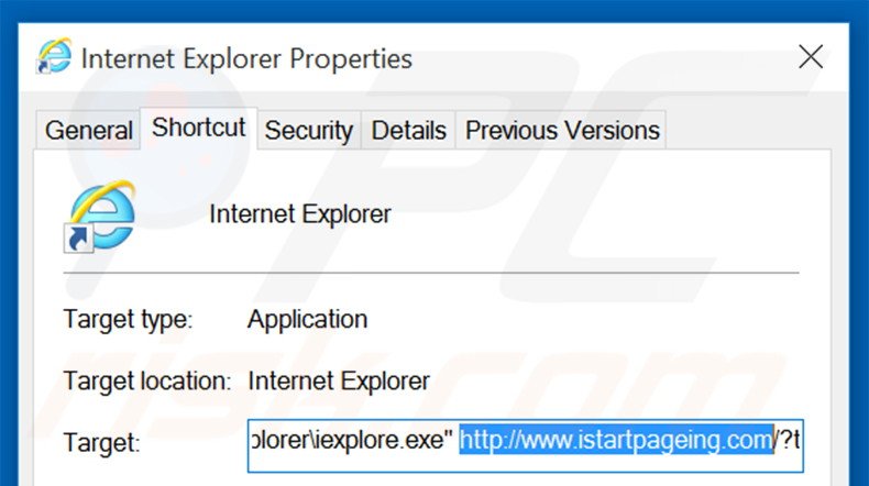 Removendo istartpageing.com do atalho do Internet Explorer passo 2